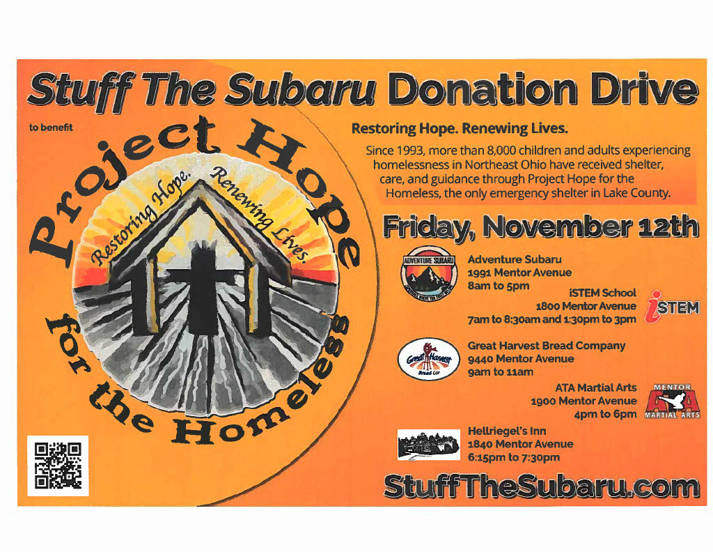 Stuff the Subaru with iSTEM and Adventure Subaru on Friday, November 12th.  Donations go to Project Hope for the Homeless.